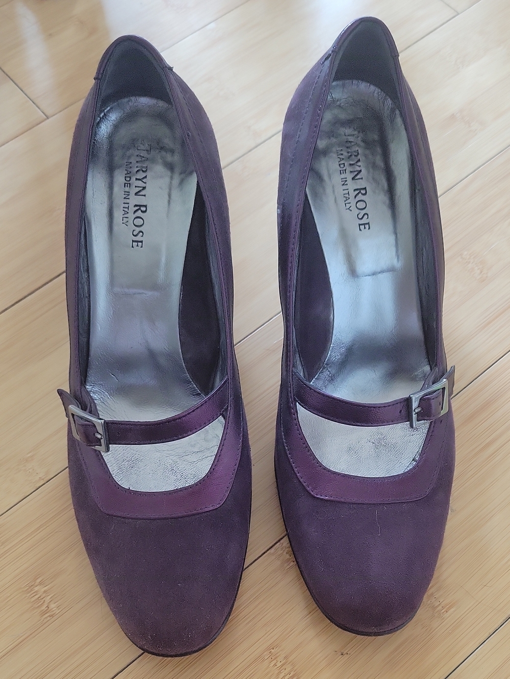 Taryn Rose Plum Suede Mary Jane Heels with Silver Buckle